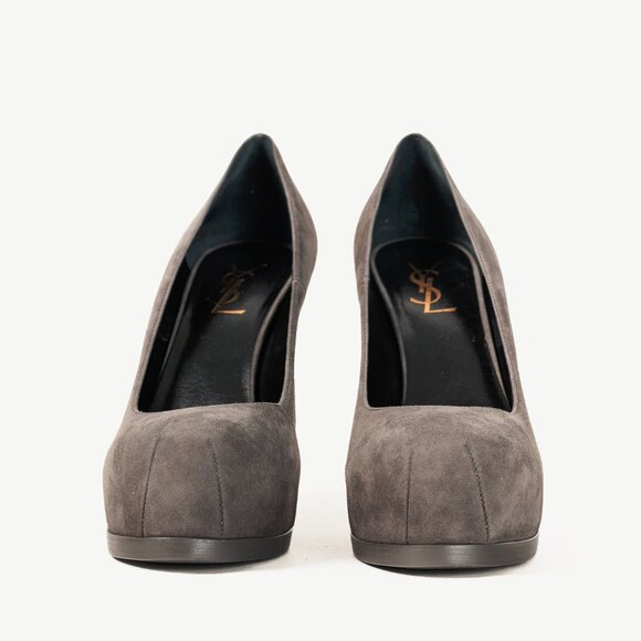 Saint Laurent Tribute Earth Grey Suede Platform Pumps - Picture 2 of 11
